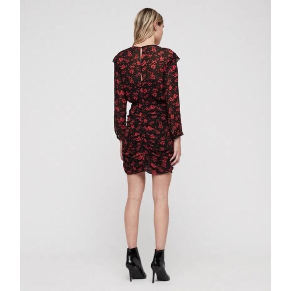 AllSaints Harlow Eira Red Floral Ruched V-Neck Long Sleeve Sheer Mini Dress XS - Picture 4 of 11